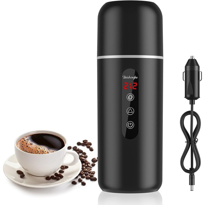 Excitat® Електрическа кана за пътуване и нагревател за кафе, 12V/24V, преносима, с бъркалка и магнитна индукция, черна