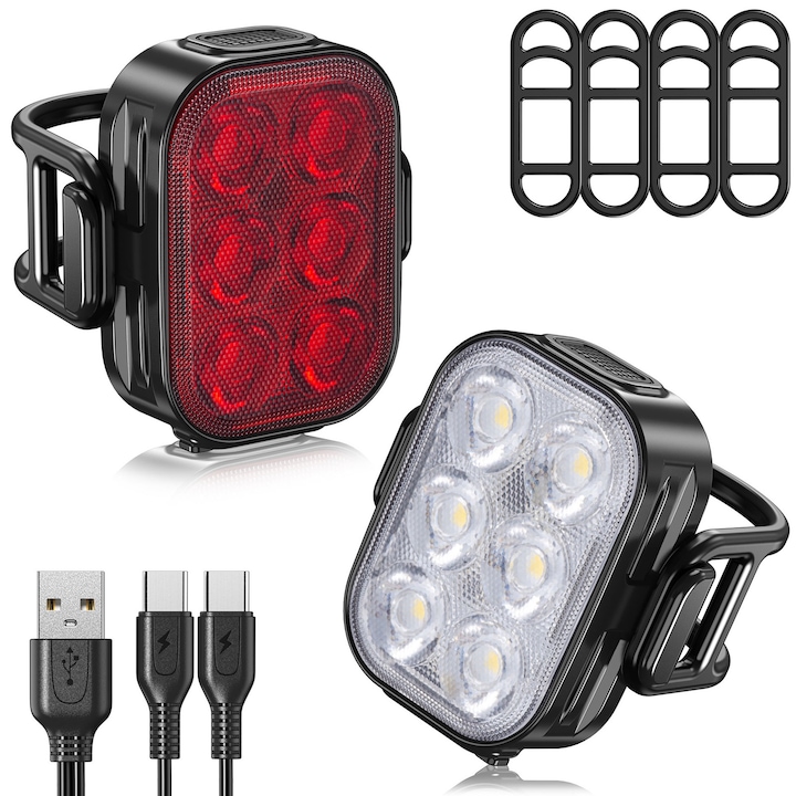 Set lumini bicicleta 6 LED-uri, Far bicicleta fata/spate, Axroad Mall, IPX65, USB reincarcabil pentru baterie 600 + 350 mAh, 4 moduri de iluminare, Potrivire universala inclusiv trotineta, bicicleta electrica, Alb/Rosu