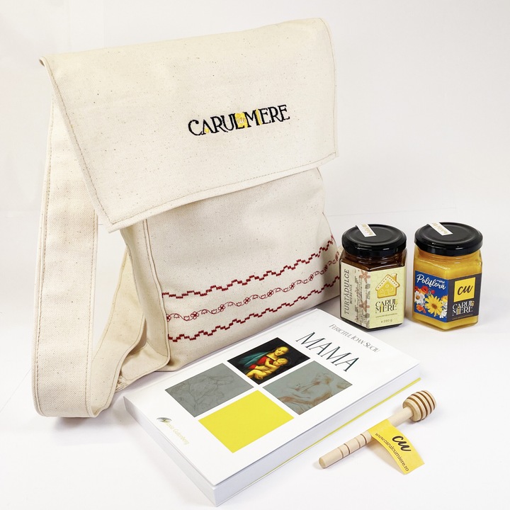 Traista maramureseana „Mama” 1, mieremix pentru turta dulce, miere poliflora, o lingura pentru miere si o carte cadou, alba