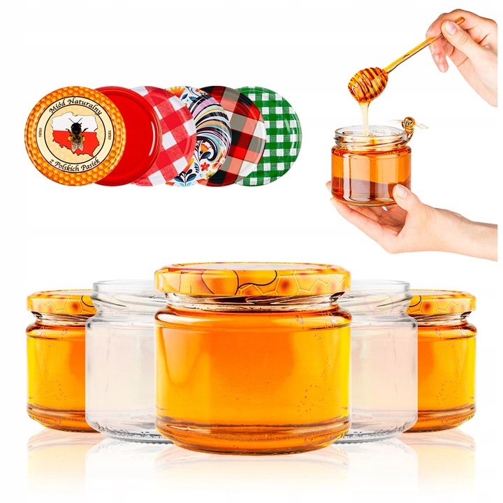 Set de borcane cu capace cu surub, Superbutelki, sticla/metal, pentru condimente/gem/confiture/miere, 330ml, multicolor, 50 bucati