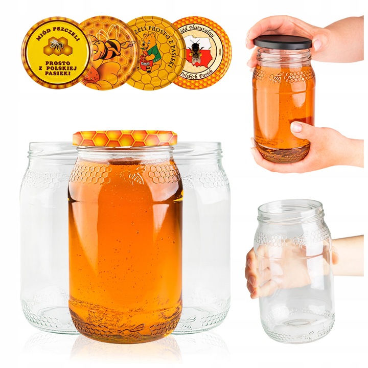 Set de borcane cu capace cu surub, Superbutelki, sticla/metal, pentru condimente/gem/confiture/miere, 900ml, multicolor, 10 bucati