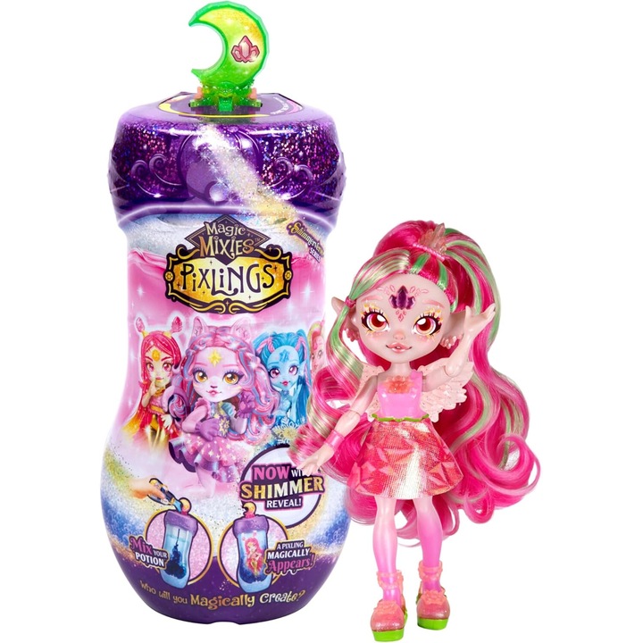 Papusa Pixlings Magic Mixies Faye Fairy - Set cu Potiune Magica si Rochie Unica, 7 Puncte de Articulatie, Gem de Cristal 16 cm