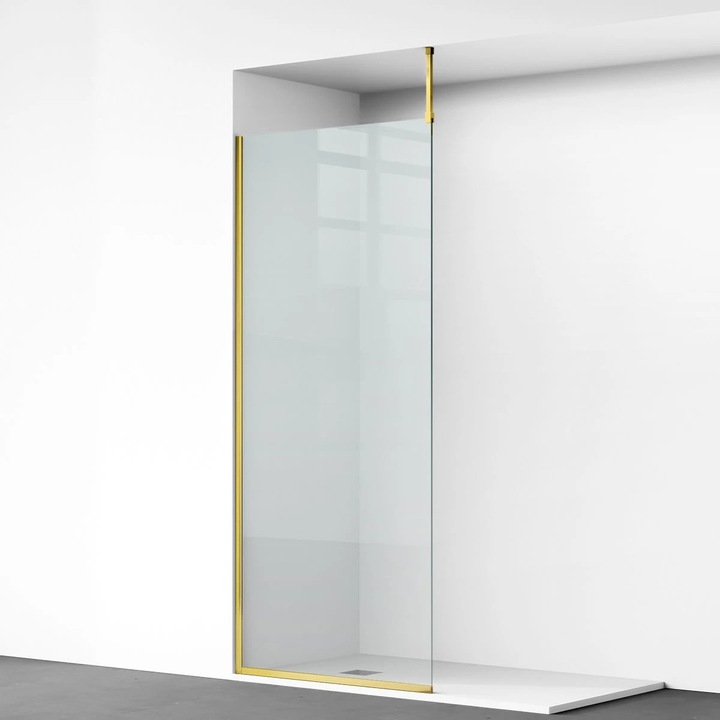 Perete dus Walk-In, sticla securizata de 8 mm, dimensiuni 100 x 200 cm, Profil si maner Auriu Mat, Armando