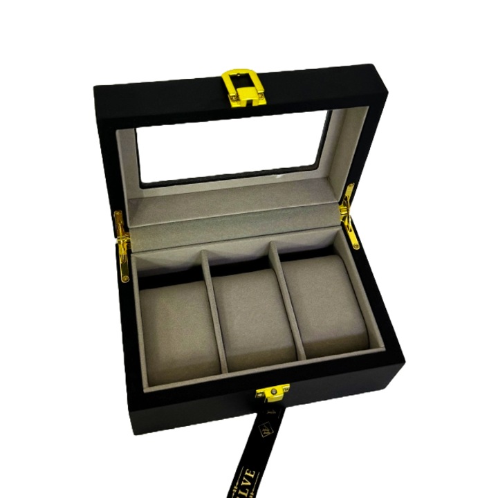 Елегантна дървена кутия, за часовници и бижута, с 3 отделения, черна