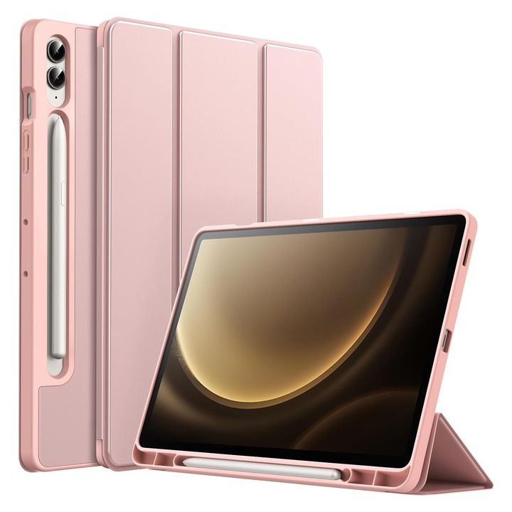 Калъф за таблет, SINBINTA, Съвместим със Samsung Galaxy Tab S9 FE+ 12.4'', Поставка за писалка, Магнитна приставка, Противоударен, Лесен за инсталиране, Преносим, Ергономичен дизайн, TPU/Екологична кожа, Розов