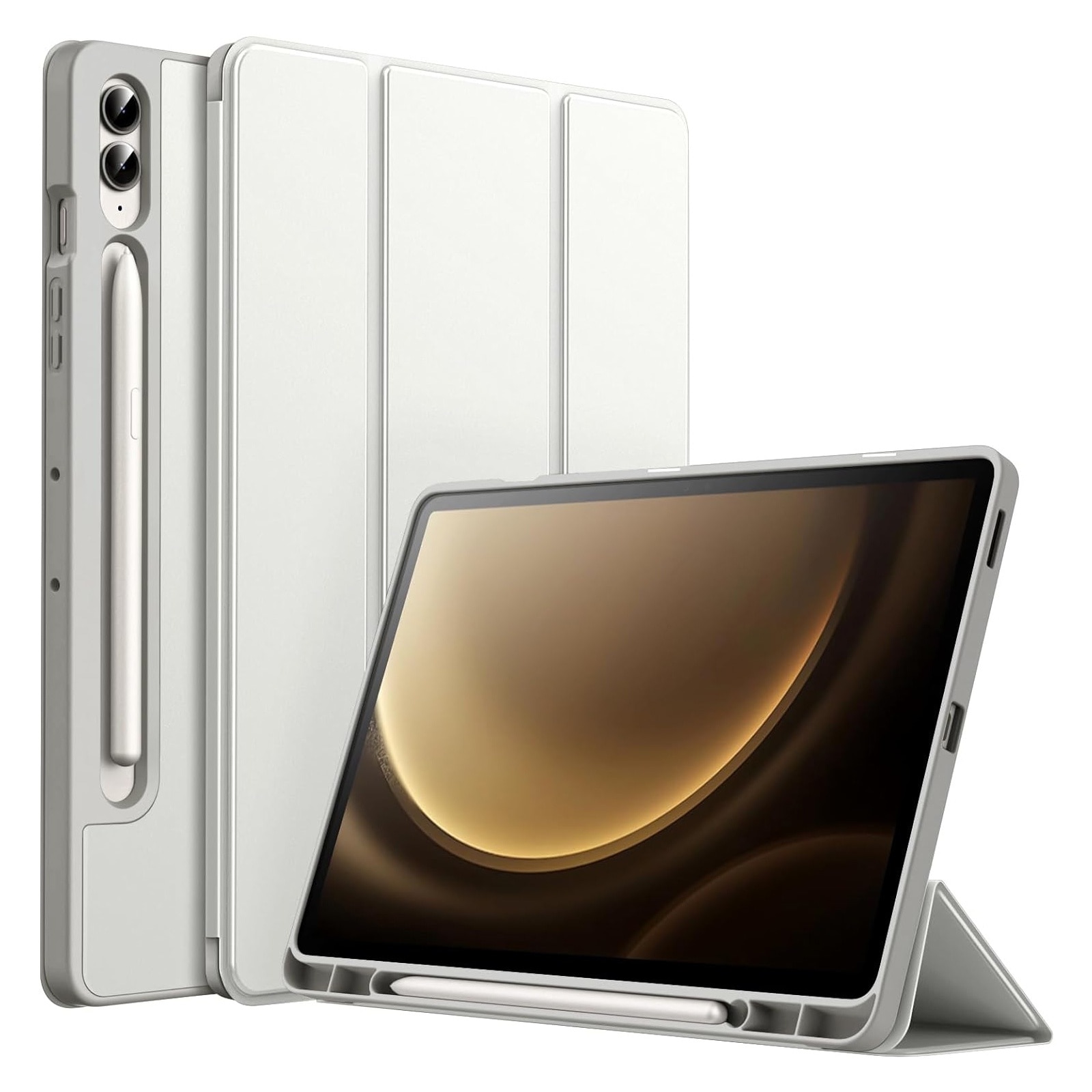 Husa tableta, SINBINTA, Compatibil cu Samsung Galaxy Tab S9 FE+ 12.4'', Suport pentru pix, Atasament magnetic, Antisoc, Usor de instalat, Portabil, Design ergonomic, TPU/Piele ecologica, Gri