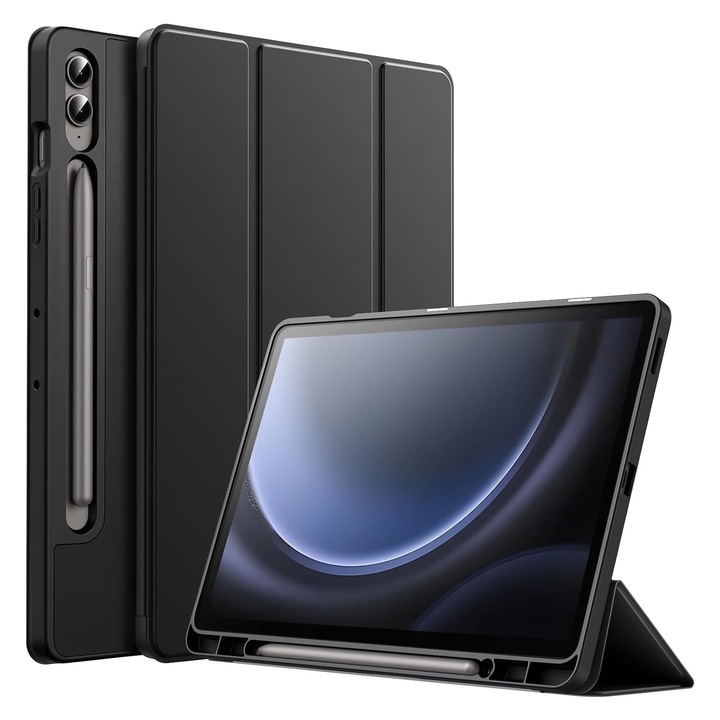 Калъф за таблет, SINBINTA, Съвместим със Samsung Galaxy Tab S9 FE+ 12.4'', Поставка за писалка, Магнитна приставка, Антишок, Лесен за инсталиране, Преносим, Ергономичен дизайн, TPU/Екологична кожа, Черен