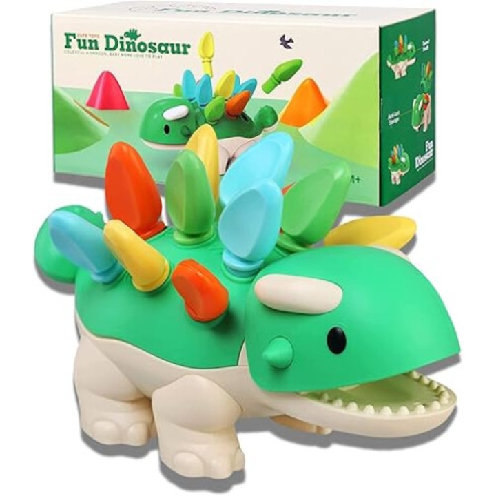 Jucarie educativa Montessori, dinozaur verde, set 12 piese, dezvoltare abilitati motorii fine, culori vibrante, pentru 1-3 ani