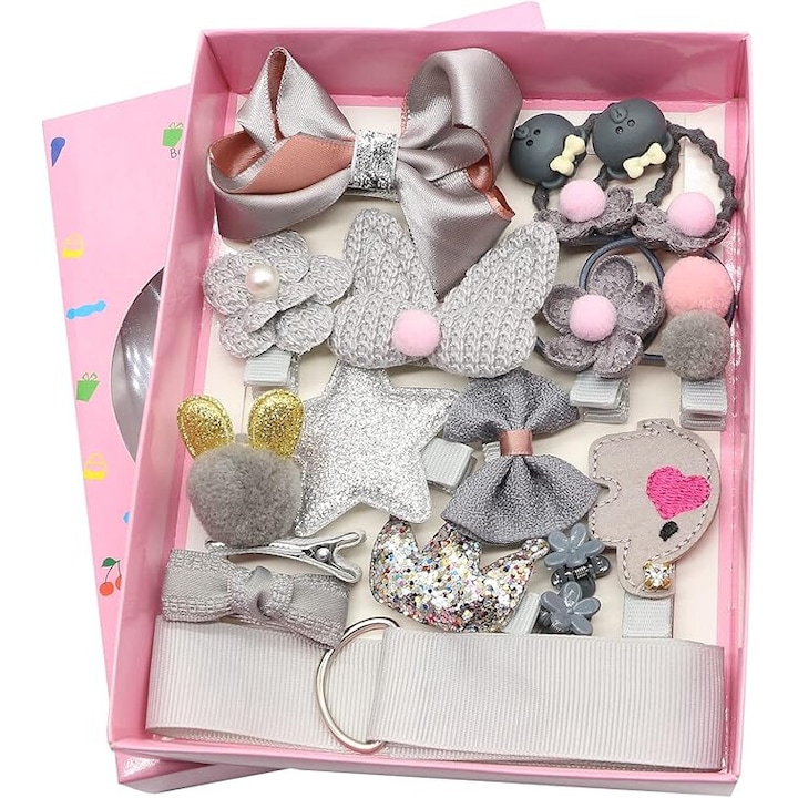 Set de accesorii pentru par fetite, 18 piese, cu agrafe, elastice, fundite, culori variate