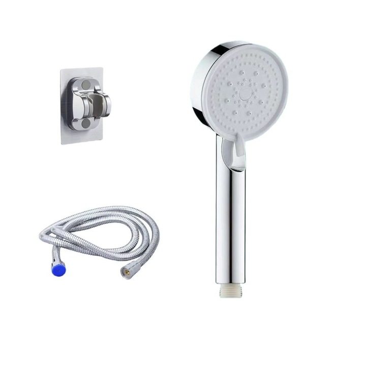 Set dus cu 5 functii: Iesire de apa sub presiune, cu cinci trepte, portabila, rezistenta la uzura si coroziune, para de dus cu presiune inalta + furtun de 1.5m + suport adeziv, tehnologie anticalcar cu micro-duze de silicon, ABS, argintiu