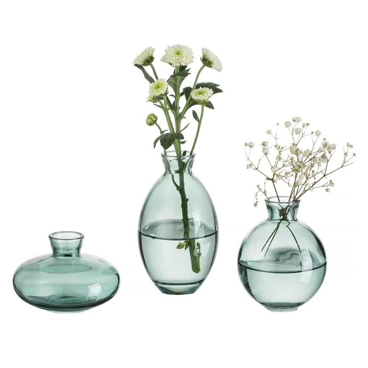 Set 3 vaze, SINBINTA, Sticla, De mici dimensiuni, Simplu si elegant, Usor de curatat, Durabil, Decor, Reutilizabile, Versatilitate, Utilizare Larga, Pentru camera de zi, Dormitor, Camera de studiu, 12cm/8.8cm/6.6cm, Verde