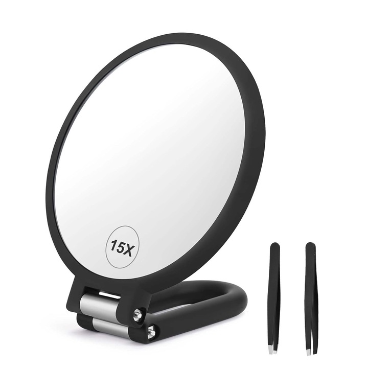 Oglinda cosmetica pentru machiaj, SINBINTA, Cu 2 penseta pentru sprancene, 2 Fete, Marire 1x 15x, Rotire 360º, Usor de Transportat, Pliabila, Design ergonomic, Pentru calatorie, Iesire in oras, ABS/Sticla, 13.9x24cm, Negru/Argintiu