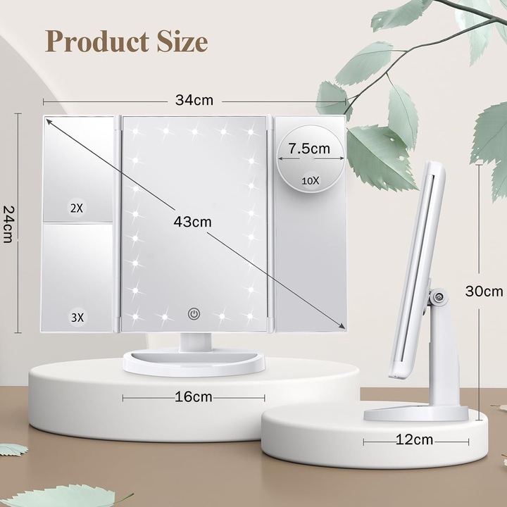 LED огледало за грим, SINBITA, 1x 2x 3x 5x увеличение, с 4 AAA батерии/USB презареждане, сензорен екран, регулируема светлина, завъртане на 180 °, лесно за носене, сгъваемо, ергономичен дизайн, ABS/стъкло, 24x34 см, бяло