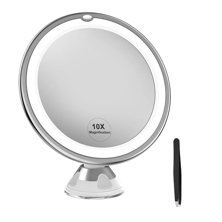 Огледало за грим, SINBITA, 10-кратно увеличение, С вендуза, С пинсета за вежди, въртене на 360º, LED осветление, Ергономичен дизайн, Лесен за използване, ABS/стъкло, 6,8x17,5 см, Бял