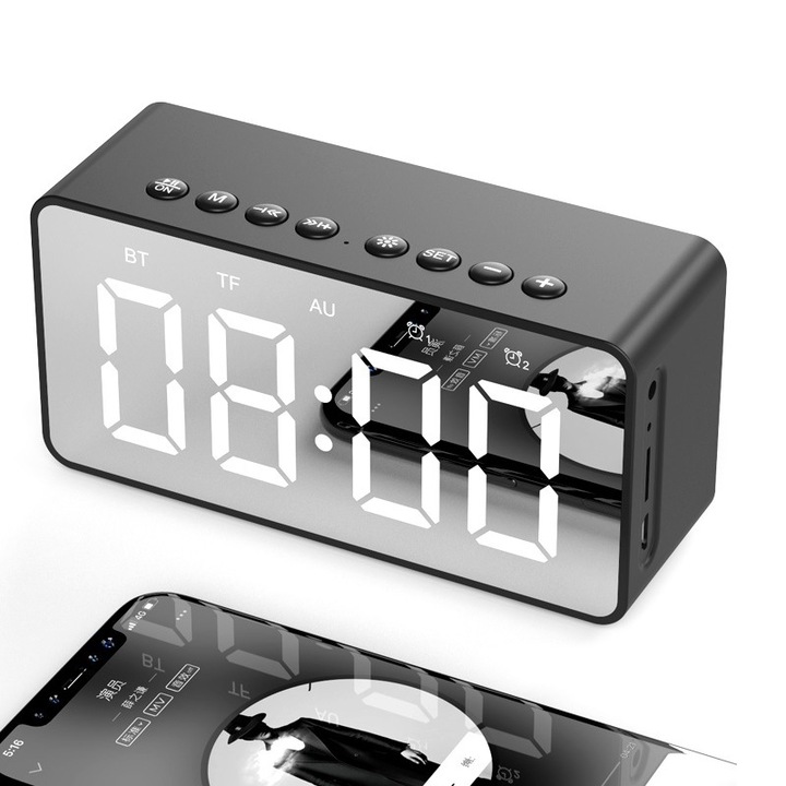 Boxa portabila AEC BT506, oglinda, ceas LED, alarme, alarma repetata, hands-free HD, sunet stereo HiFi, Negru