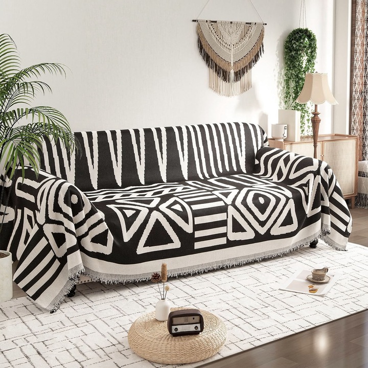 Husa de Protectie pentru Canapea, Hggzeg, Model gofrat cu ciucuri, Moale, Prietenos cu pielea, Potrivit pentru toate anotimpurile, Pentru casa, restaurant, evenimente, Poliester, 300*180cm, Negru