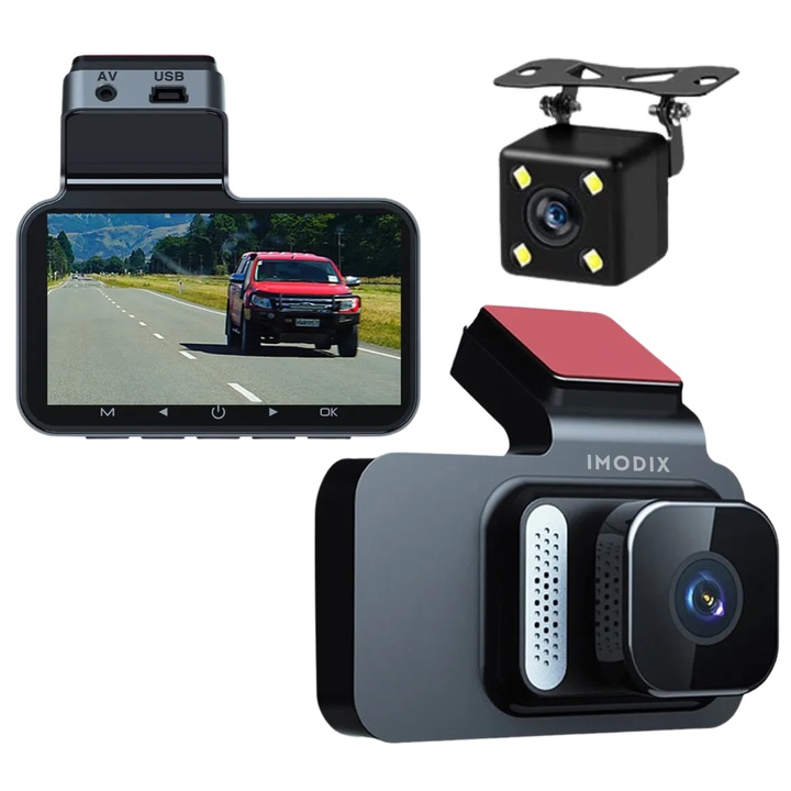 Видеорегистратор, IMODIX, камера за заден ход, FULL-HD 1080P, Wi-Fi, 3-инчов LCD дисплей, нощно виждане, 170° широк ъгъл, G сензор, детекция на движение, цикличен запис, приложение за телефон, Y02, сив