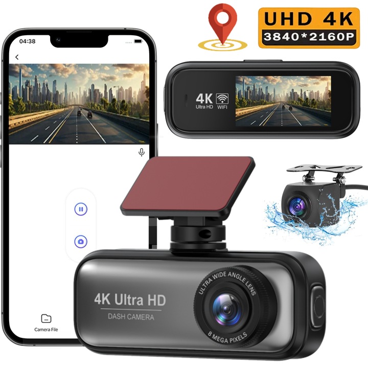 Видеорегистратор, IMODIX, Камера за заден ход, 4K UHD, Резолюция 3840x2160, 1,97-инчов LCD дисплей, GPS, Wi-Fi, Нощно виждане, 170° широк ъгъл, G сензор, Детекция на движение, Циклично записване, Приложение на телефона, V26a, Сив