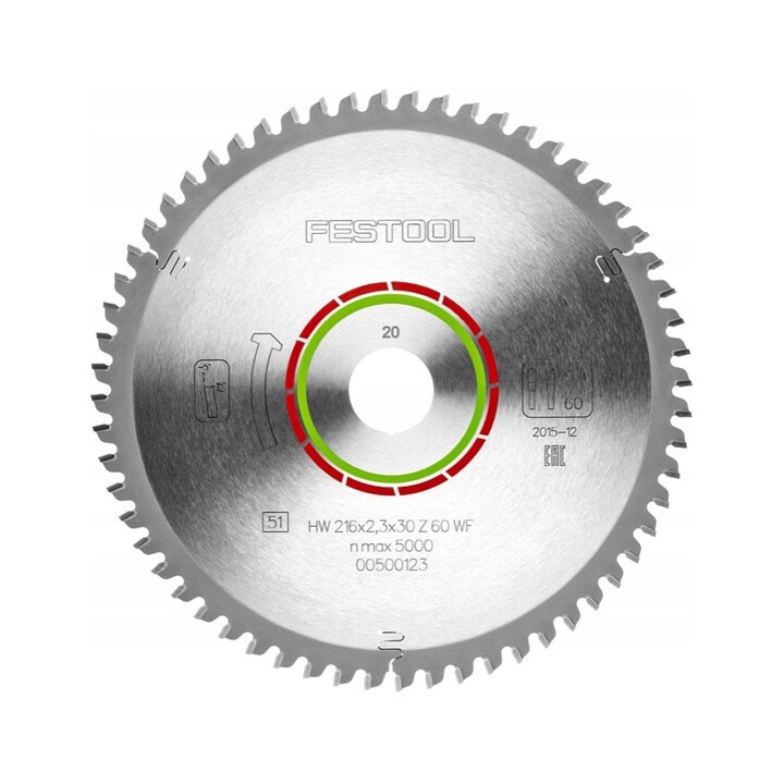 Режещ диск 216x2,3x30mm с 60 зъба от твърдосплавен материал за ламинат и HPL, Festool