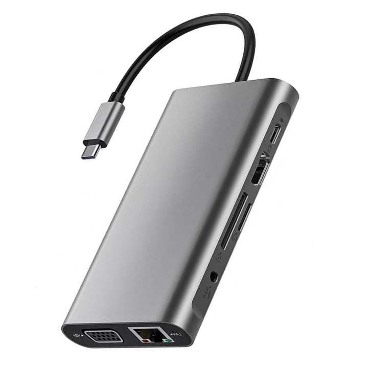 Адаптер, включва Type-C, USB 3.0, TF/SD четец на карти, VGA, PD, Gigabit Ethernet порт, Plug and Play, порт за аудио микрофон за MacBook, за Chromebook, докинг станция, 10-в-1, сив