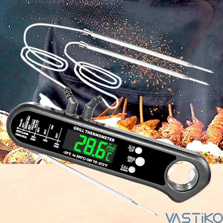 Termometru Pliabil VASTiKO pentru Gratar si Bucatarie cu 3 Sonde, Monitorizare Preciza 50-300°C, Alarma si Ecran LCD – Ideal pentru Gatirea Carnii Perfecte