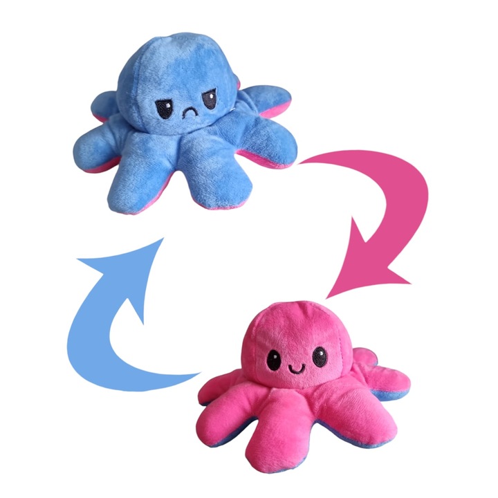 Megfordítható plüss Octopus Sötét Pink - Sötétkék - Dupla móka és kifejezés! Alakítsa át gyermeke napjait ezzel az interaktív játékkal, amely tükrözi az érzelmeit, tökéletes tanuláshoz, játékhoz és emlékezetes ajándékokhoz