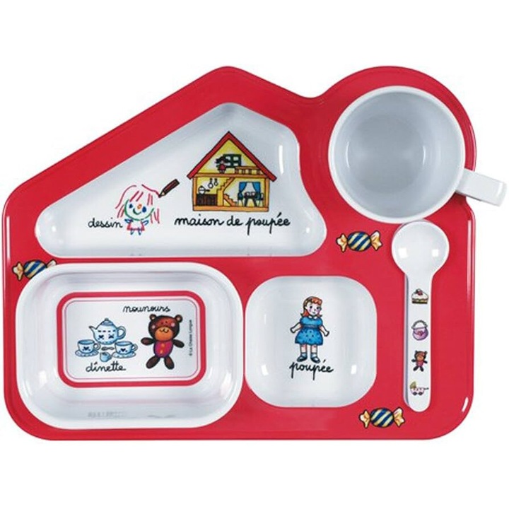 Set de vesela pentru copii din melamina Blue Farm, roz, contine tava cu compartimente, cana, castron si set de lingura, melamina, 23x28cm