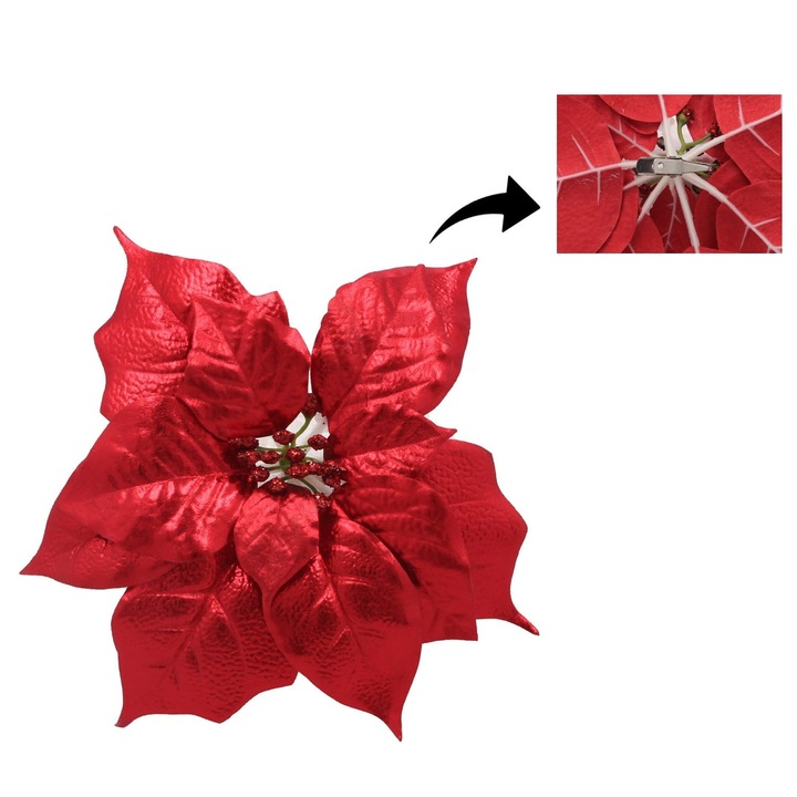 Decoratiune Craciun, pentru Brad, model Floare, cu clips, 25 cm,, rosu