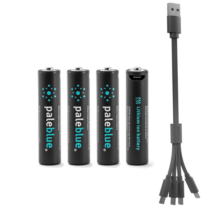 Set de 4 baterii Pale Blue reincarcabile Li-Ion AAA 1.5V, 750mAh, 1.125Wh, micro-USB si cablu de incarcare
