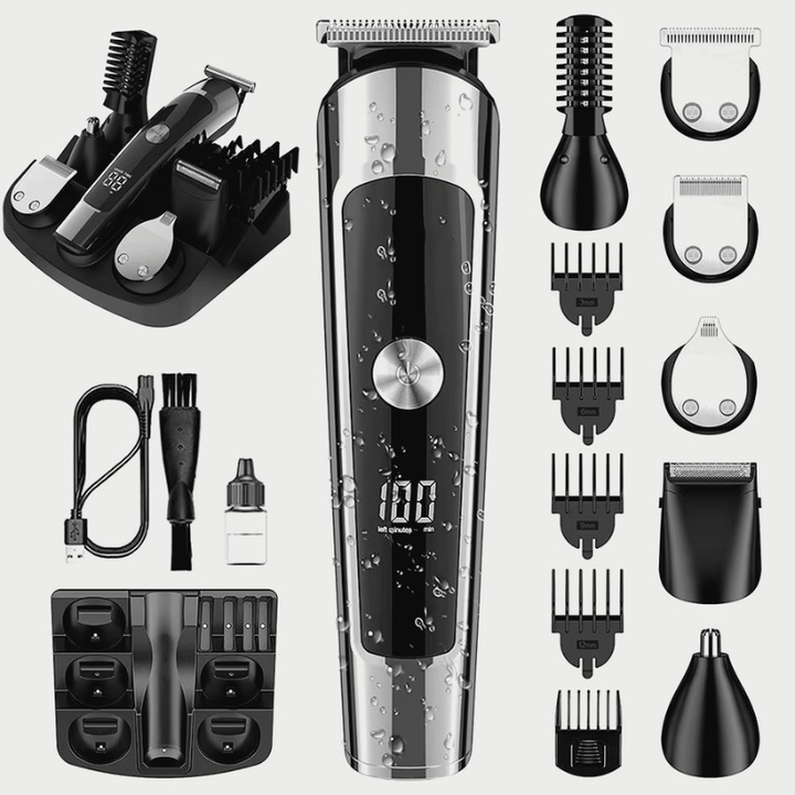 Masina de Tuns si Aparat de Ras, Multifunctional 6 in 1, Wireless, Rezistent la Apa, Reincarcabil, Ideal pentru Tuns, Ras, Contur, pentru Corp, Barba, Zona intima, Nas, LED Indicator Baterie, Afisaj Digital