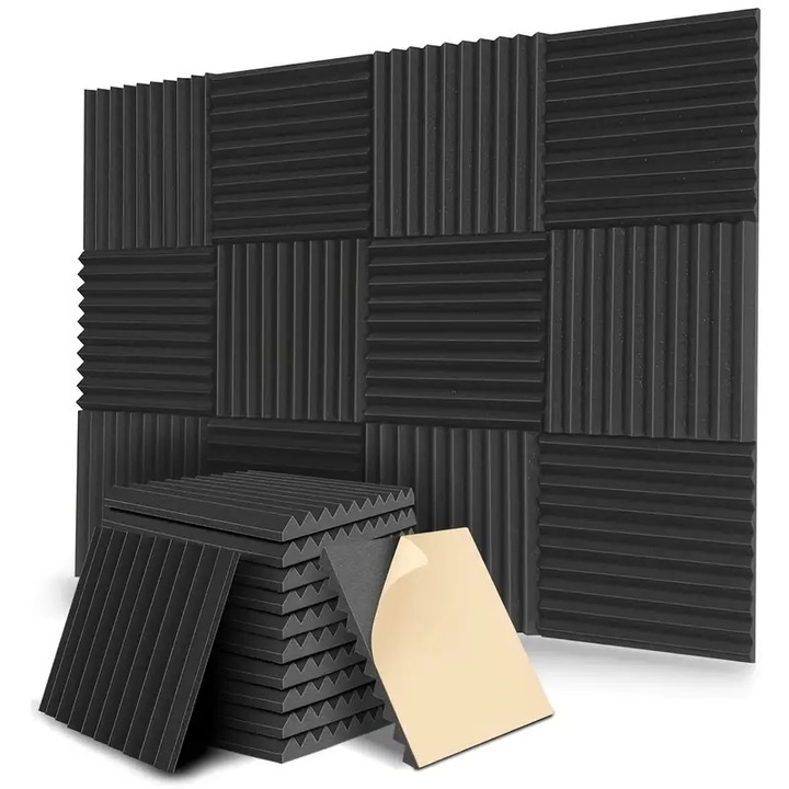 Panouri Negre Fonoabsorbante CCmax pentru Izolare Fonica si Acustica din Burete cu Autoadeziv pentru Studiouri si Locuinte, Set 12 Bucati, 300 x 300 x 25 mm