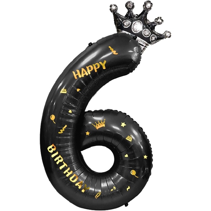 Balon din folie metalizata, figurina cifra si coroana, scris Happy Birthday, tema aniversare 100 cm, ambalaj individual, pai inclus, Cifra 6, Negru, Avaleea