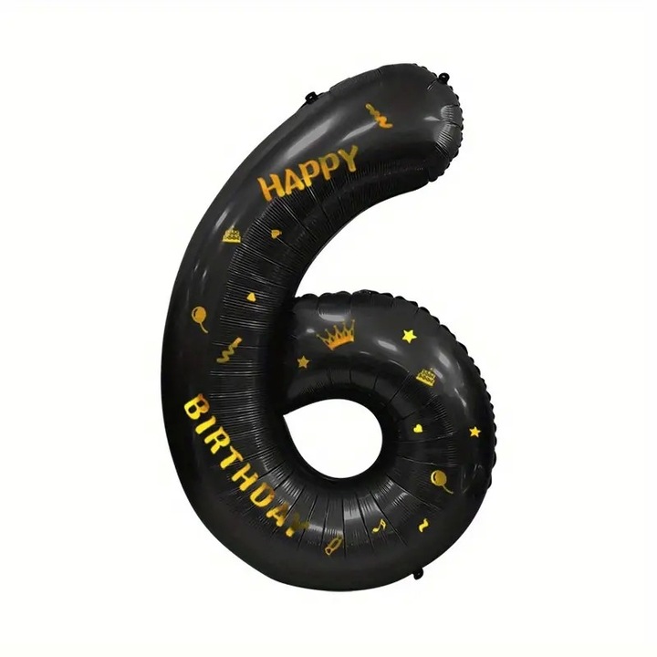 Balon din folie metalizata, figurina cifra 6, scris Happy Birthday, tema aniversare 100 cm, ambalaj individual, pai inclus, Negru, Avaleea
