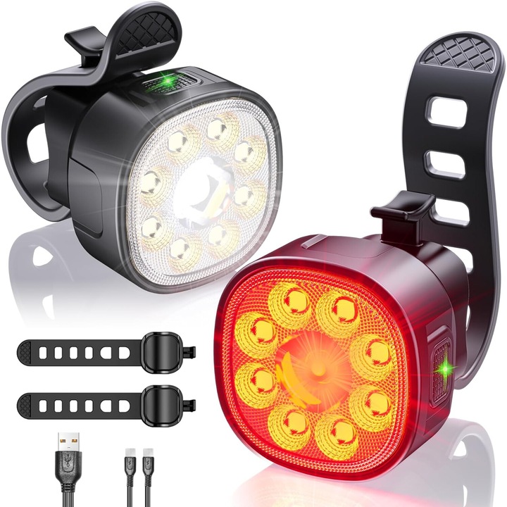 Set Lumini Bicicleta, Far si Stop LED, Acumulator Reincarcabil USB, 8+7 Moduri de Iluminare, Impermeabil, Negru