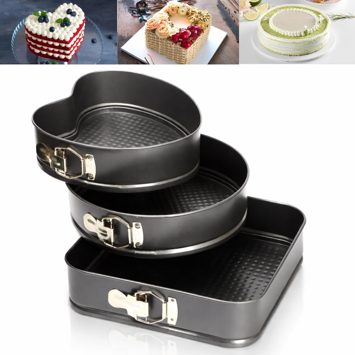 Set 3 Tavi pentru Prajituri Macvi®, design cu baza detasabila, sistem de prindere cu catarama, otel carbon rezistent, negru 21,5cm,24 cm,26 cm