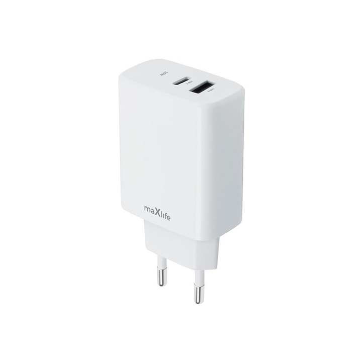 töltő Maxlife MXTC-10-20AC PD QC 1x USB-C 1x USB 20W fehér