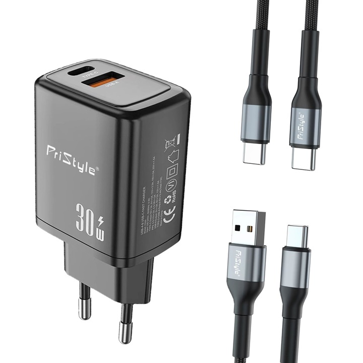 Комплект зарядно устройство за бързо зареждане 30 W при 20 V/1,5 A и 2 кабела в комплекта, USB-A към USB-C и USB-C към USB-C, Съвместимо със Samsung, Huawei, Oppo, Nokia, OnePlus, Google Pixel, Allview, Apple iPhone 15, 16, черен, PriStyle®