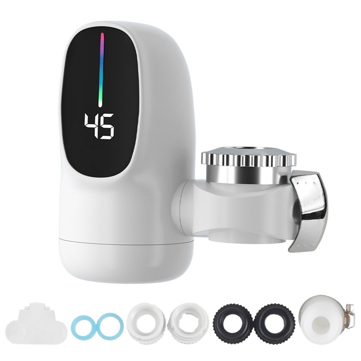 Azonnali elektromos csaptelep, Golxmse, 3000W, gyors fűtés 3 másodperc, digitális kijelző, fehér, 15x13cm