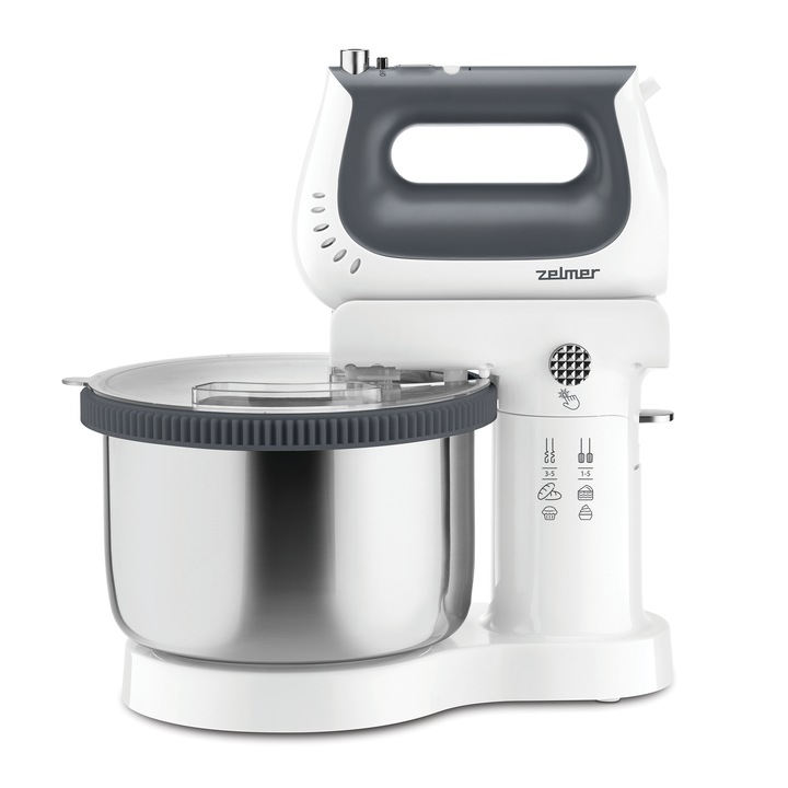 Миксер с купа Zelmer ZHM2659, 1400 W, 5 скорости, купа от неръждаема стомана с вместимост 3,8 л авто, 2 аксесоара за смесване, бял/сив