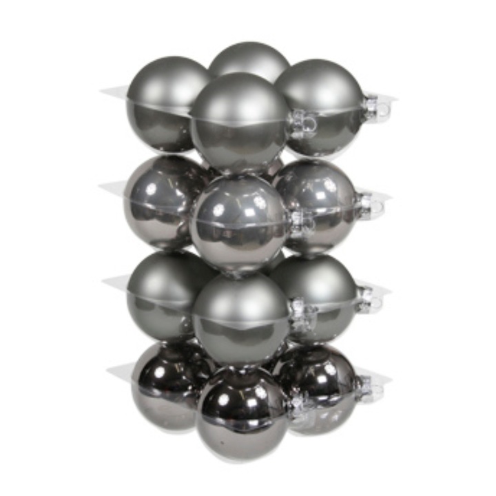 Set 16 globuri din sticla, cu nuante de gri-grafit, mate si lucioase, 8 cm
