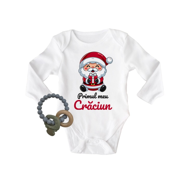 Set body personalizat cu Mos Craciun + jucarie zornaitoare in forma de cheie - material silicon si lemn, 68 cm