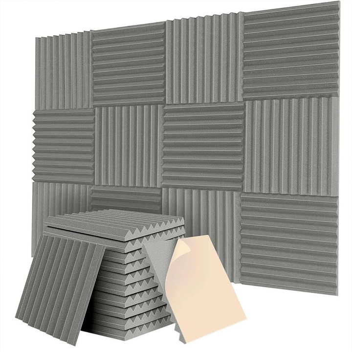 Panouri Gri Fonoabsorbante CCmax pentru Izolare Fonica si Acustica din Burete cu Autoadeziv pentru Studiouri si Locuinte, Set 12 Bucati, 300 x 300 x 25 mm