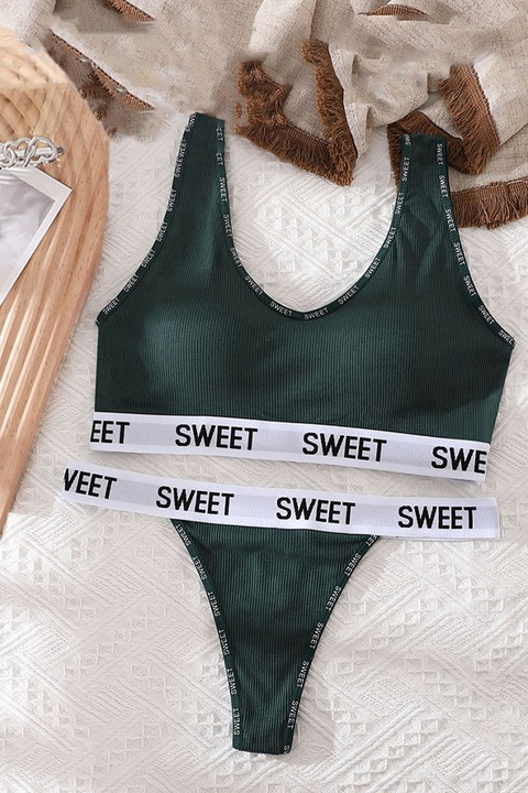 Set 2 piese lenjerie intima, bustiera push-up si chiloti tanga, XBX-8863, verde, One Size