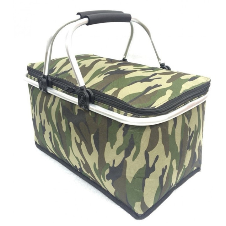 Cos de Picnic, pliabil, Termic, 46x28cm, rama din aluminiu, Model Camuflaj, Verde