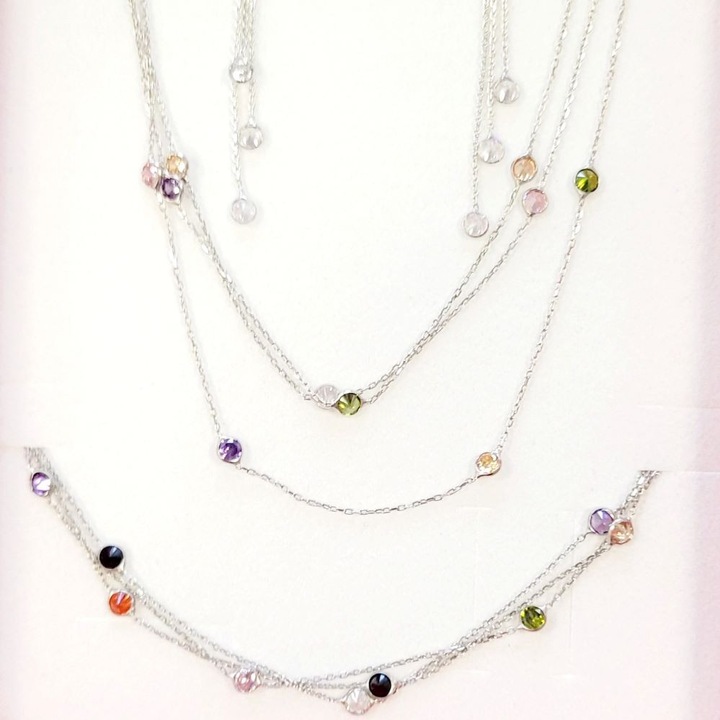 Set 3 piese, Colier, Cercei, Bratara, argint, 3 lantisoare cu cristale zirconiu, multicolore, Eurozone