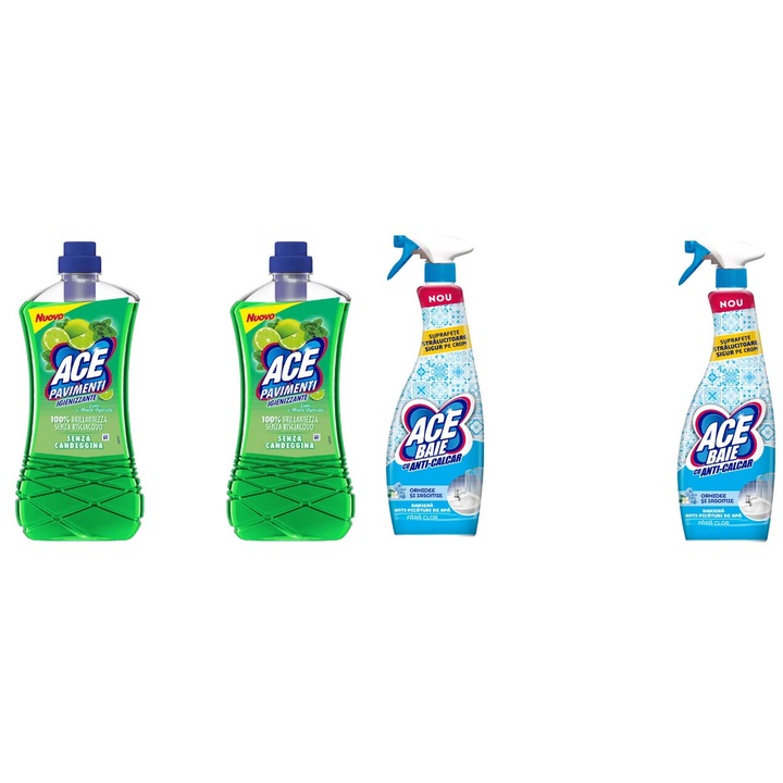 Set Curatenie Ace 4 x Valuepack, 2 x Solutie Pardoseli Fara Clor 1l Lime Menta, 2 x Solutie Spray Baie Fara Clor 650ml Orhidee Si Iasomie, fresh aroma, parfum floral, distruge calcarul, rapid si eficient, testat dermatologic, prospetime de lunga durata