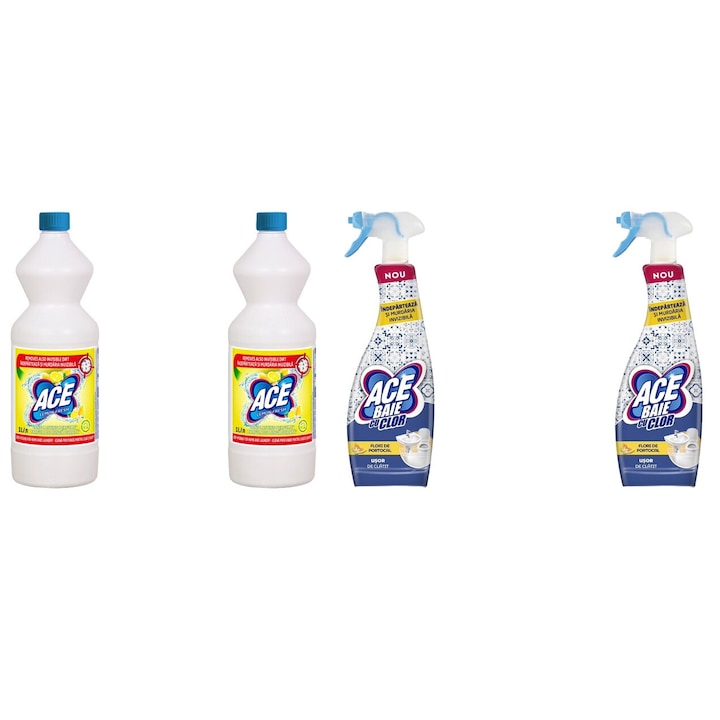 Set Curatenie Ace 4 x Valuepack, 2 x Inalbitor 1l Parfumat Lemon, 2 x Solutie Spray Baie Cu Clor 650ml Flori de Portocal, fresh aroma, parfum floral, distruge calcarul, rapid si eficient, testat dermatologic, prospetime de lunga durata