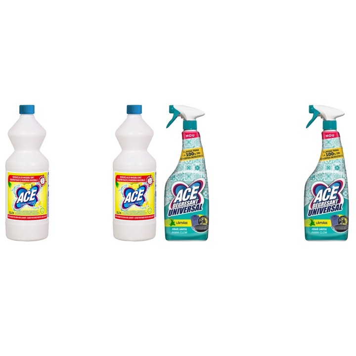 Ace Cleaning Szett 4 x Valuepack, 2 x fehérítő 1 l citrom illatú, 2 x univerzális zsíroldó spray oldat 550 ml citrom, vízkő elpusztítása, gyors és hatékony, bőrgyógyászatilag tesztelt, hosszan tartó frissesség, maximális hatékonyság