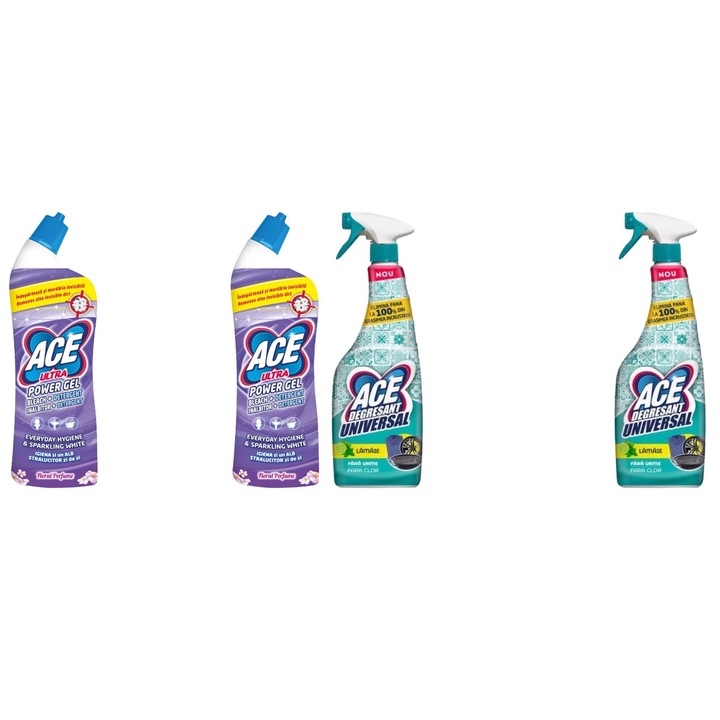 Ace Cleaning Set 4 x Valuepack, 2 x Power Gel 750 ml virágos, 2 x Univerzális zsíroldó spray oldat 550 ml citrom, friss illatú, vízkő elpusztítása, gyors és hatékony, bőrgyógyászatilag tesztelt, hosszan tartó frissesség, maximális hatékonyság