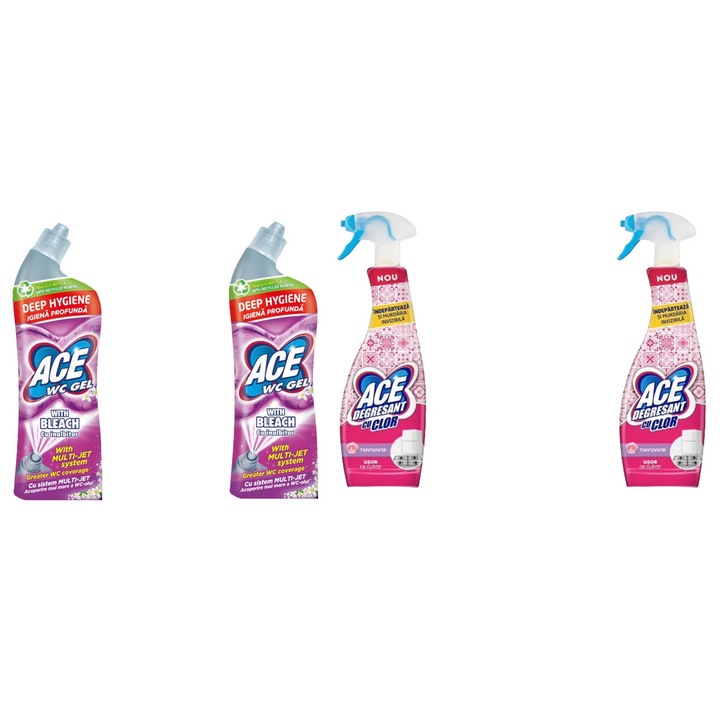 Set Curatenie Ace 4 x Valuepack, 2 x Wc Gel Hypo 700ml Bleach Cu Inalbitor, 2 x Solutie Spray degresant Bucatarie Cu Clor 650ml Trandafir, fresh aroma, parfum floral, distruge calcarul, rapid si eficient, testat dermatologic, prospetime de lunga durata